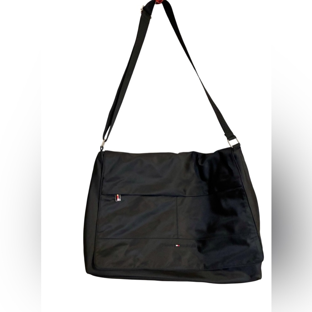Tommy Hilfiger Black Nylon Messenger Bag 16x12 Laptop Satchel Crossbody Shoulder